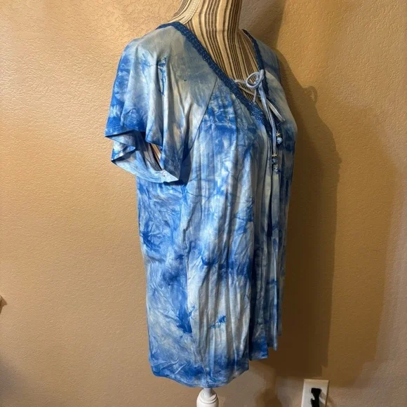 World Unity Top Large Blue White Tie-Dye Tunic Top Lace Trim & Detail Boho - Picture 5 of 15